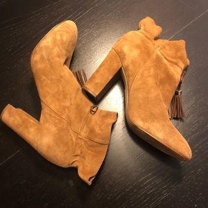 Brown suede stacked heel boot with tassels
